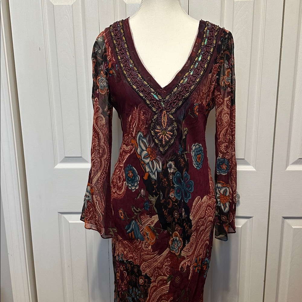 Anthropologie Chaudry Floral V-Neck Dress - Burgundy and Blue